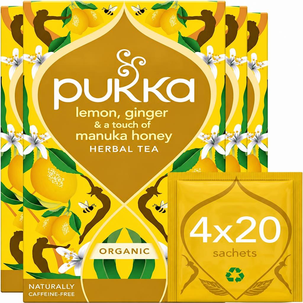 Pukka Herbs Organic Herbal Tea, Lemon Ginger & a Touch of Manuka Honey, 4 Packs, 80 Teabags | Yellow | 4
