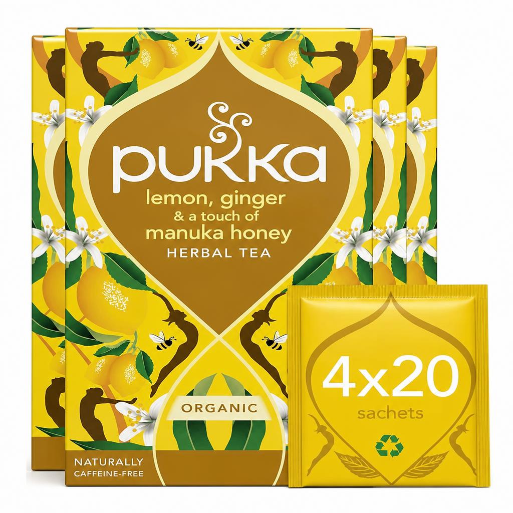 Pukka Herbs Organic Herbal Tea, Lemon Ginger & a Touch of Manuka Honey, 4 Packs, 80 Teabags | Yellow | 4