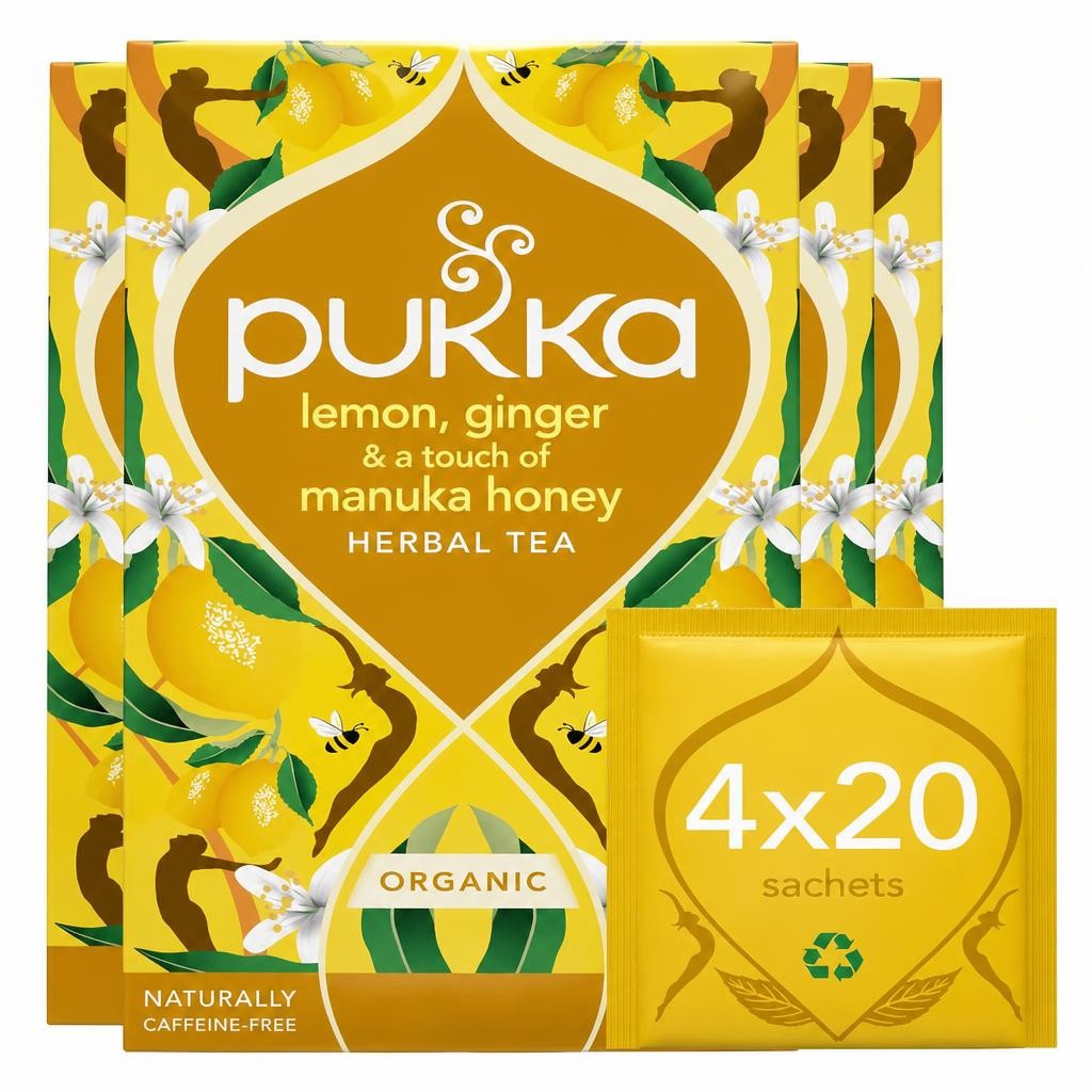 Pukka Herbs Organic Herbal Tea, Lemon Ginger & a Touch of Manuka Honey, 4 Packs, 80 Teabags | Yellow | 4