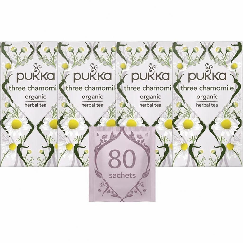 Pukka Herbs Organic Herbal Tea, Three Chamomile, 4 Packs, 80 Teabags | Grey | 4