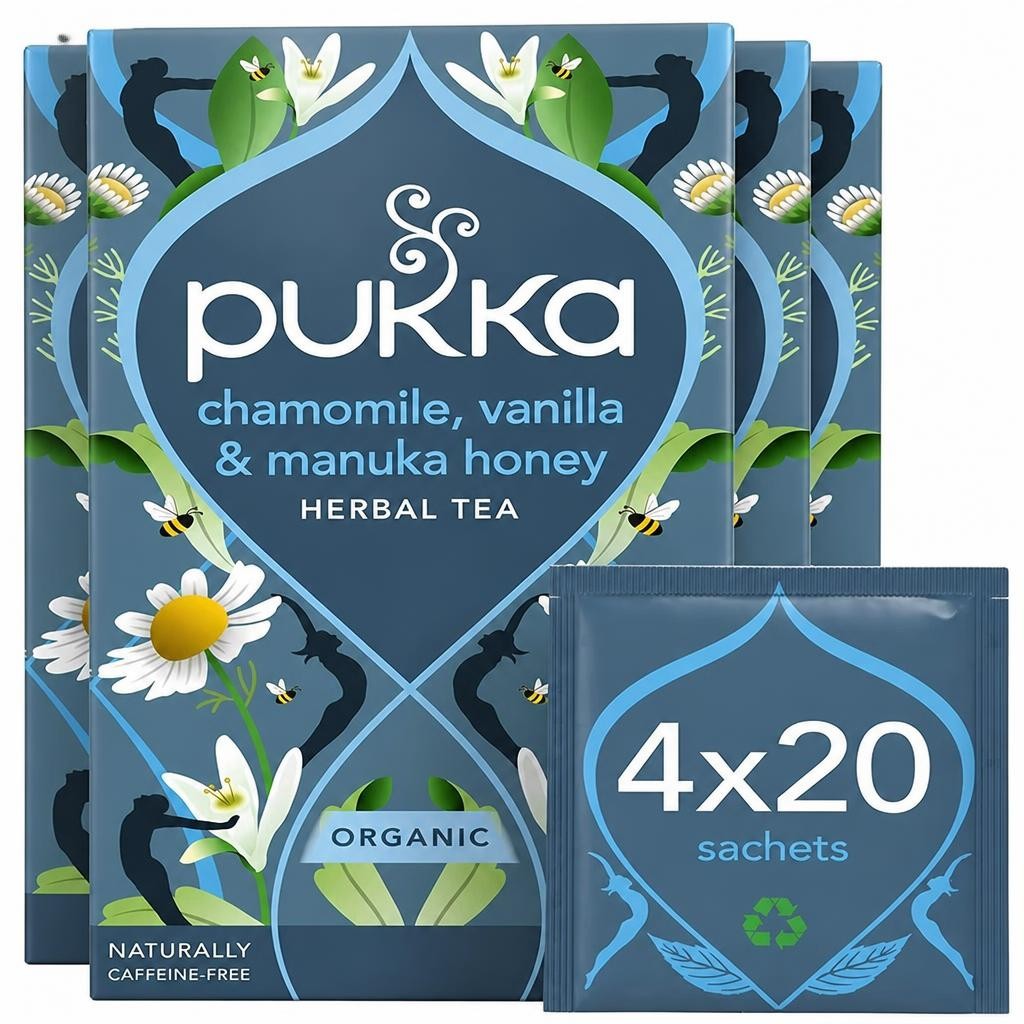 Pukka Herbs Organic Herbal Tea, Chamomile Vanilla & Manuka Honey, 4 Pack, 80 Teabags | Blue | 4