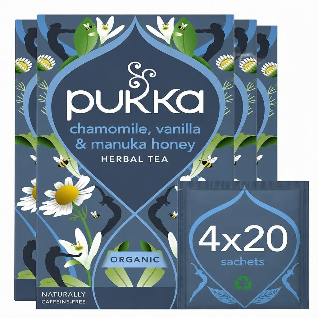 Pukka Herbs Organic Herbal Tea, Chamomile Vanilla & Manuka Honey, 4 Pack, 80 Teabags | Blue | 4