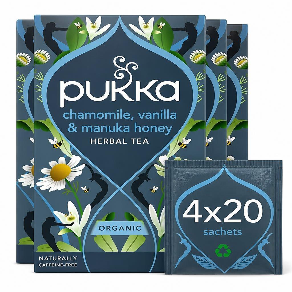 Pukka Herbs Organic Herbal Tea, Chamomile Vanilla & Manuka Honey, 4 Pack, 80 Teabags | Blue | 4