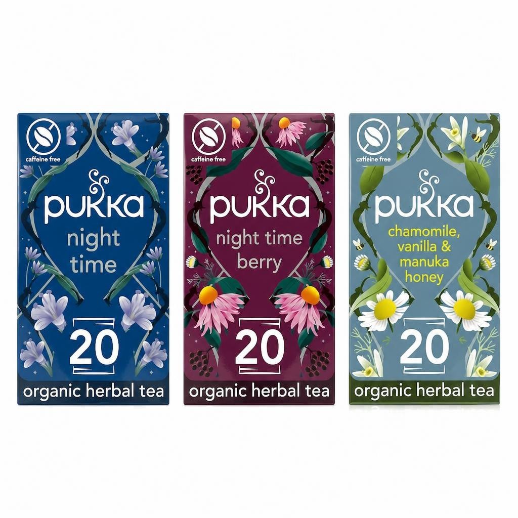 Pukka Herbs Organic Herbal Tea, Chamomile Calm with Night Time, Night Time Berry & Chamomile Vanilla & Honey, 3 Packs of 20 Teabags | Multi
