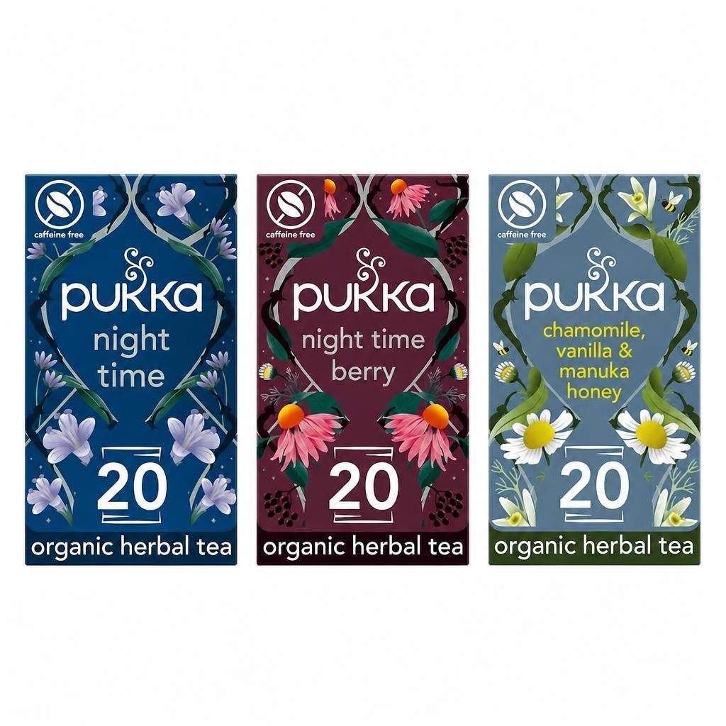 Pukka Herbs Organic Herbal Tea, Chamomile Calm with Night Time, Night Time Berry & Chamomile Vanilla & Honey, 3 Packs of 20 Teabags | Multi