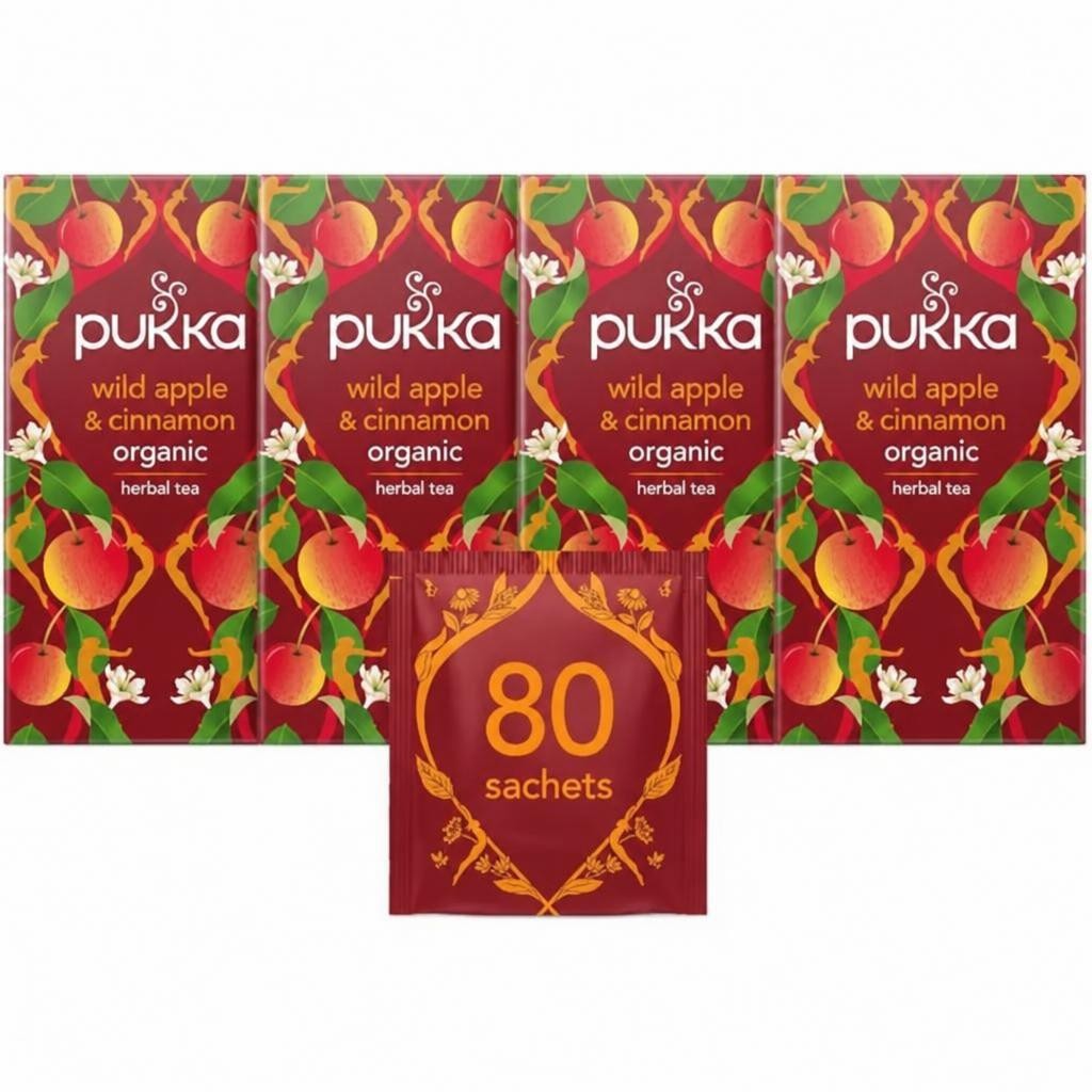 Pukka Herbs Organic Herbal Tea, Apple & Cinnamon, 4 Packs, 80 Teabags | Red | 4