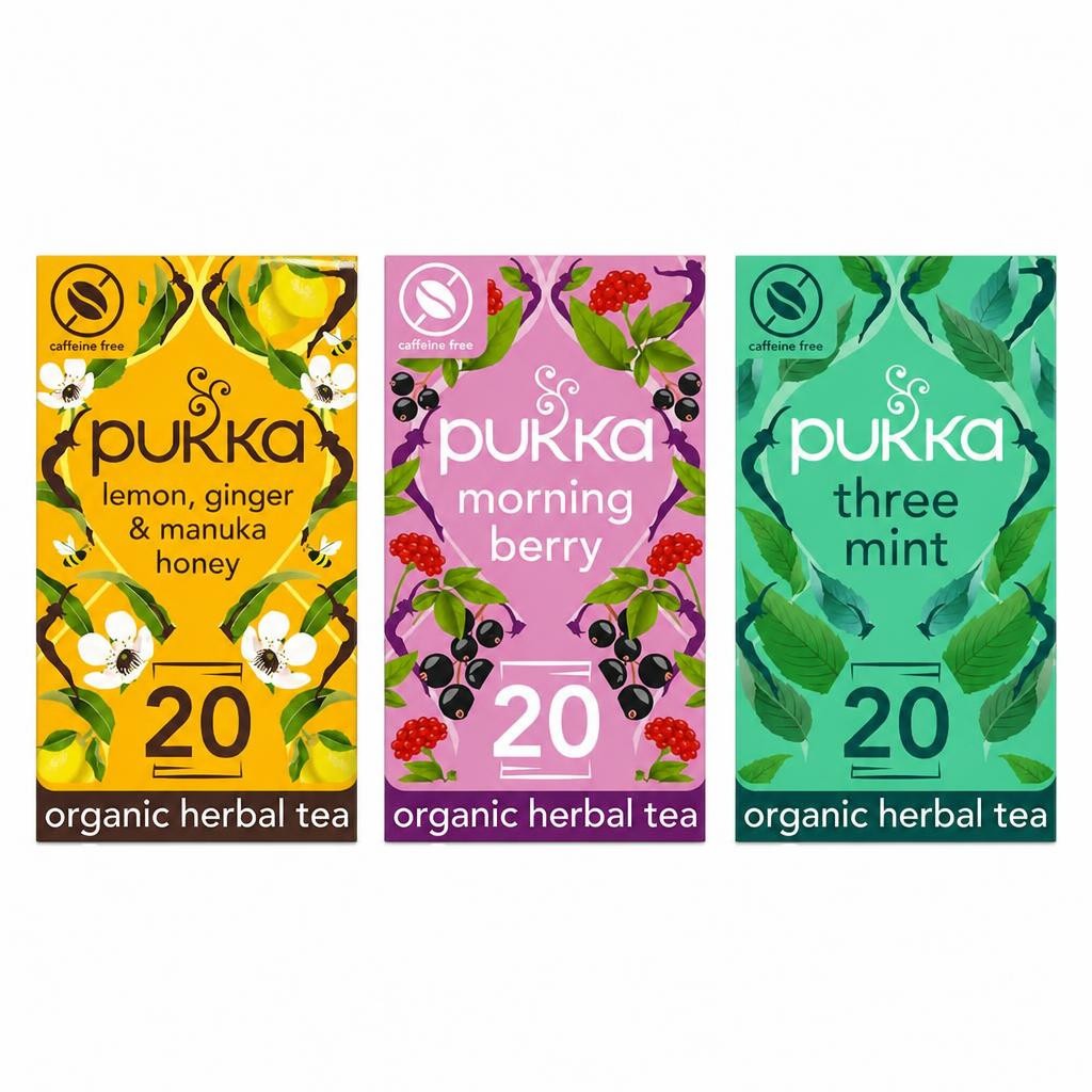 Pukka Herbs Organic Herbal Tea, Herbal Wellness Bundle with Lemon Ginger & Honey, Morning Berry & Three Mint, 3 Packs of 20 Teabags | Multi