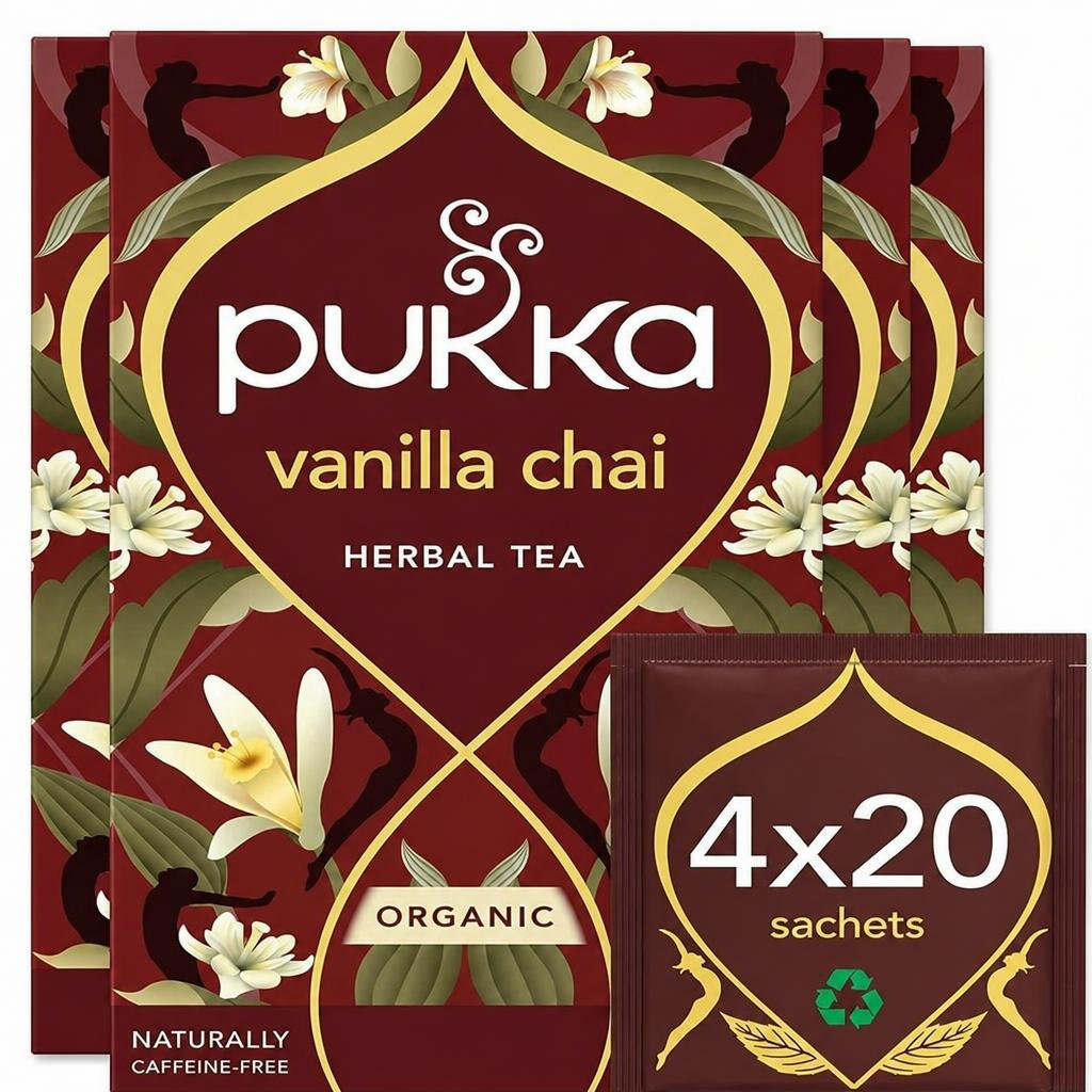 Pukka Herbs Organic Herbal Tea, Vanilla Chai, 4 Packs, 80 Teabags | Brown | 4