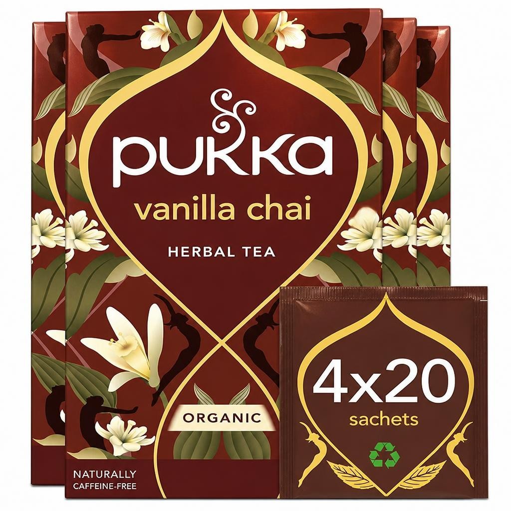 Pukka Herbs Organic Herbal Tea, Vanilla Chai, 4 Packs, 80 Teabags | Brown | 4