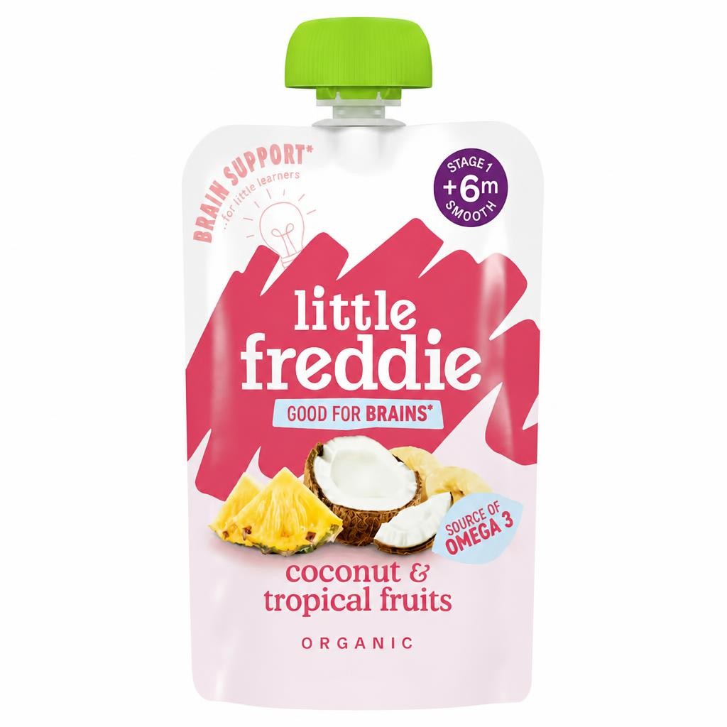 Little Freddie Organic Good for Brains Coconut & Tropical Fruits Baby Food Pouch with Omega 3 6+ Months 90g