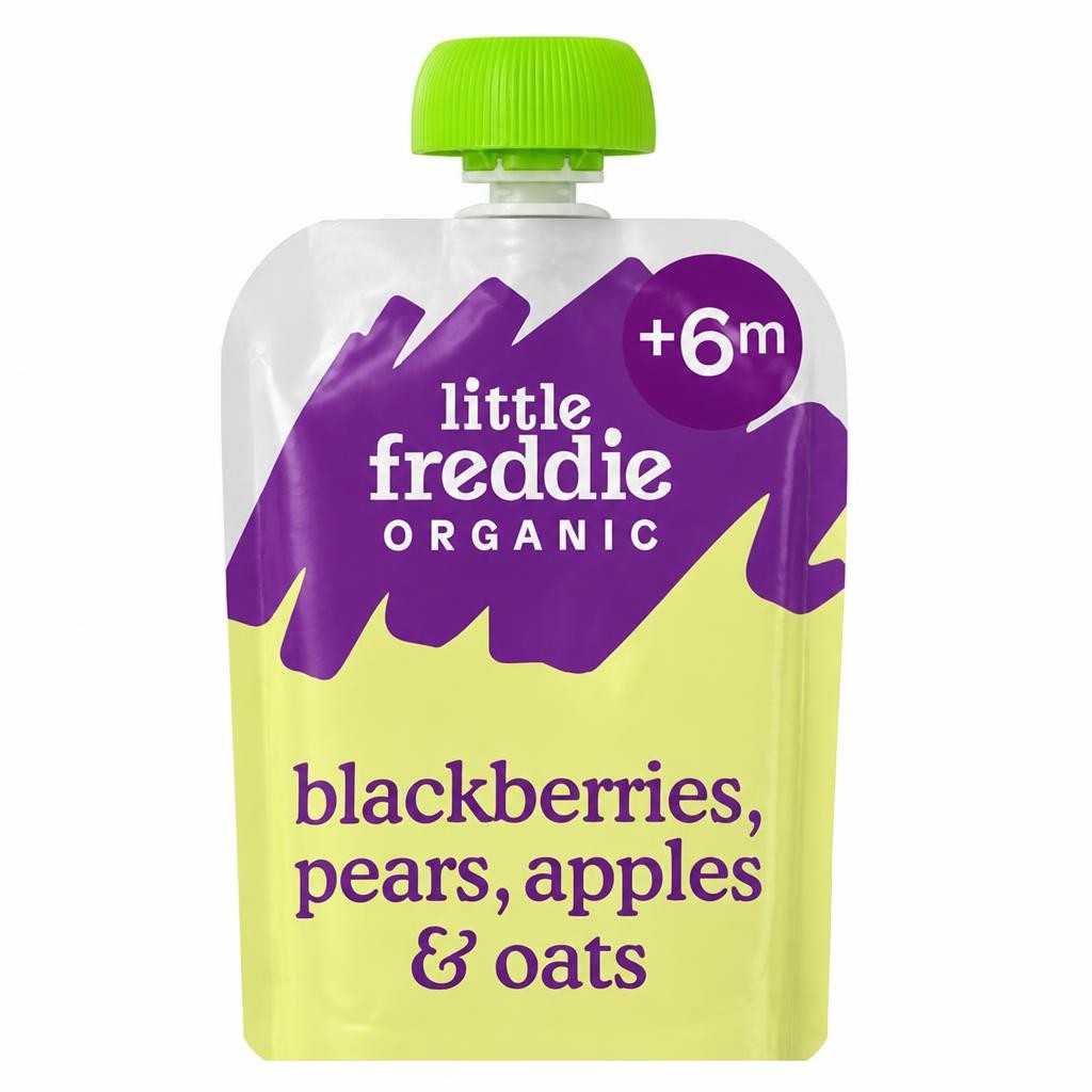 Little Freddie Organic Blackberries, Pears, Apples & Oats Baby Food Pouch 6+ Months 100g