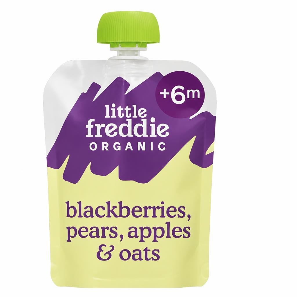 Little Freddie Organic Blackberries, Pears, Apples & Oats Baby Food Pouch 6+ Months 100g