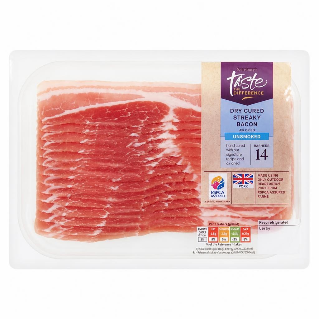 Sainsbury's Unsmoked Air Dried Streaky Bacon Rashers, Taste the Difference x14 220g