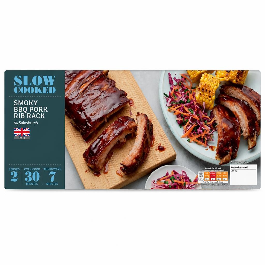 Sainsbury's Slow Cooked British Pork Ribs Smokey BBQ Sauce 646g (Serves 2)