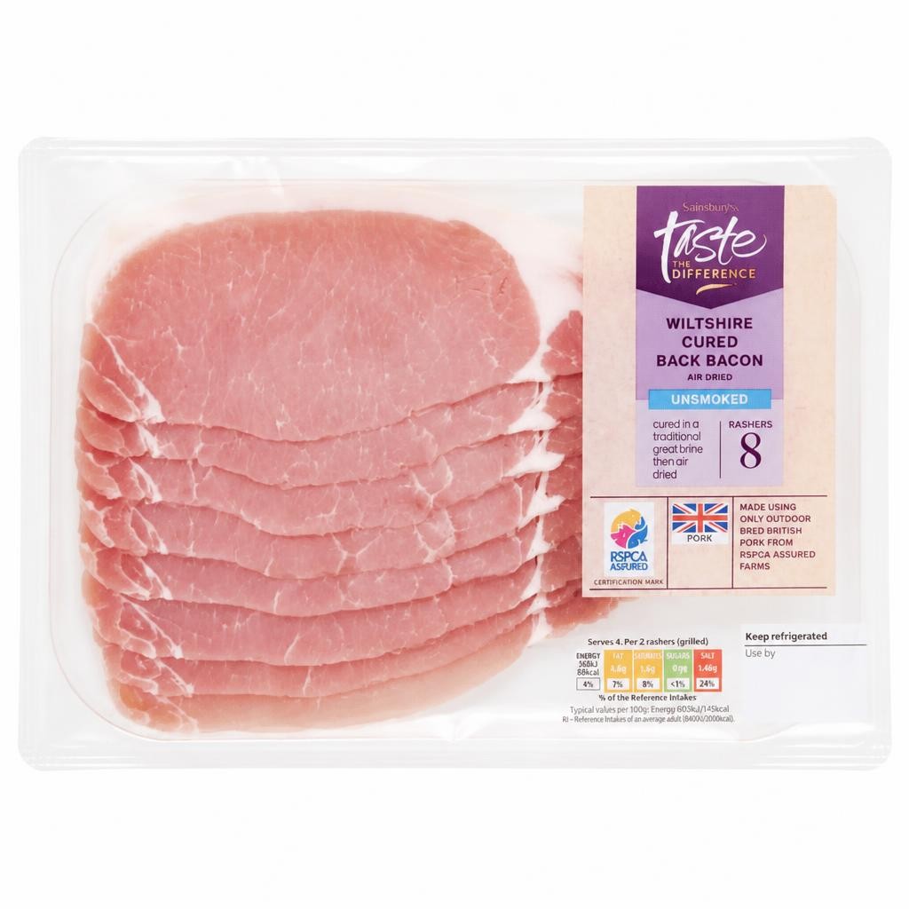 Sainsbury's Unsmoked Air Dried Wiltshire Cured Back Bacon Rashers, Taste the Difference x8 240g