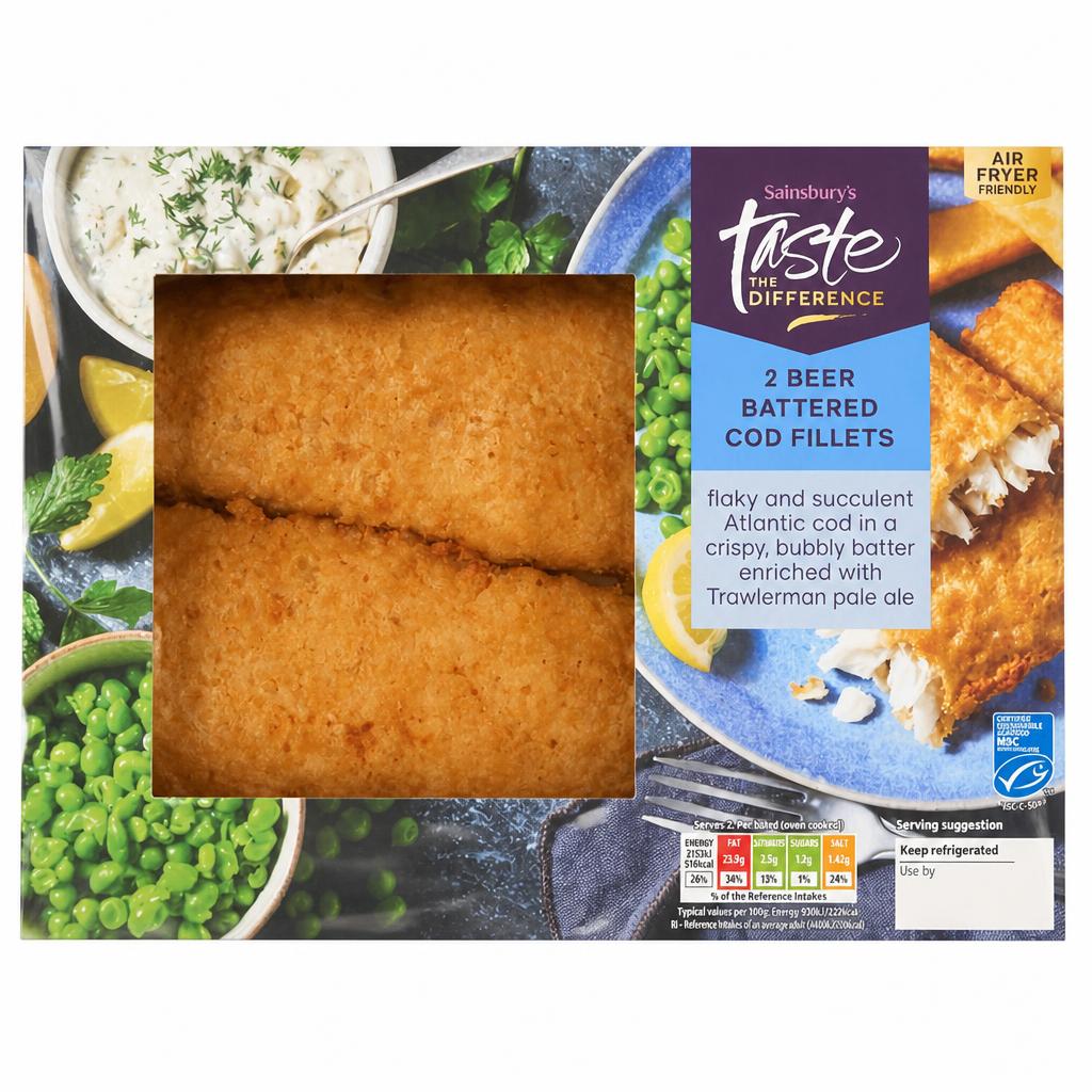 Sainsbury's Beer Battered MSC Cod Fillets, Taste the Difference x2 385g