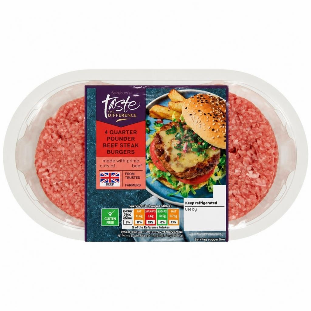 Sainsbury's 4 Quarter Pounder Beef Steak Burgers, Taste the Difference 454g