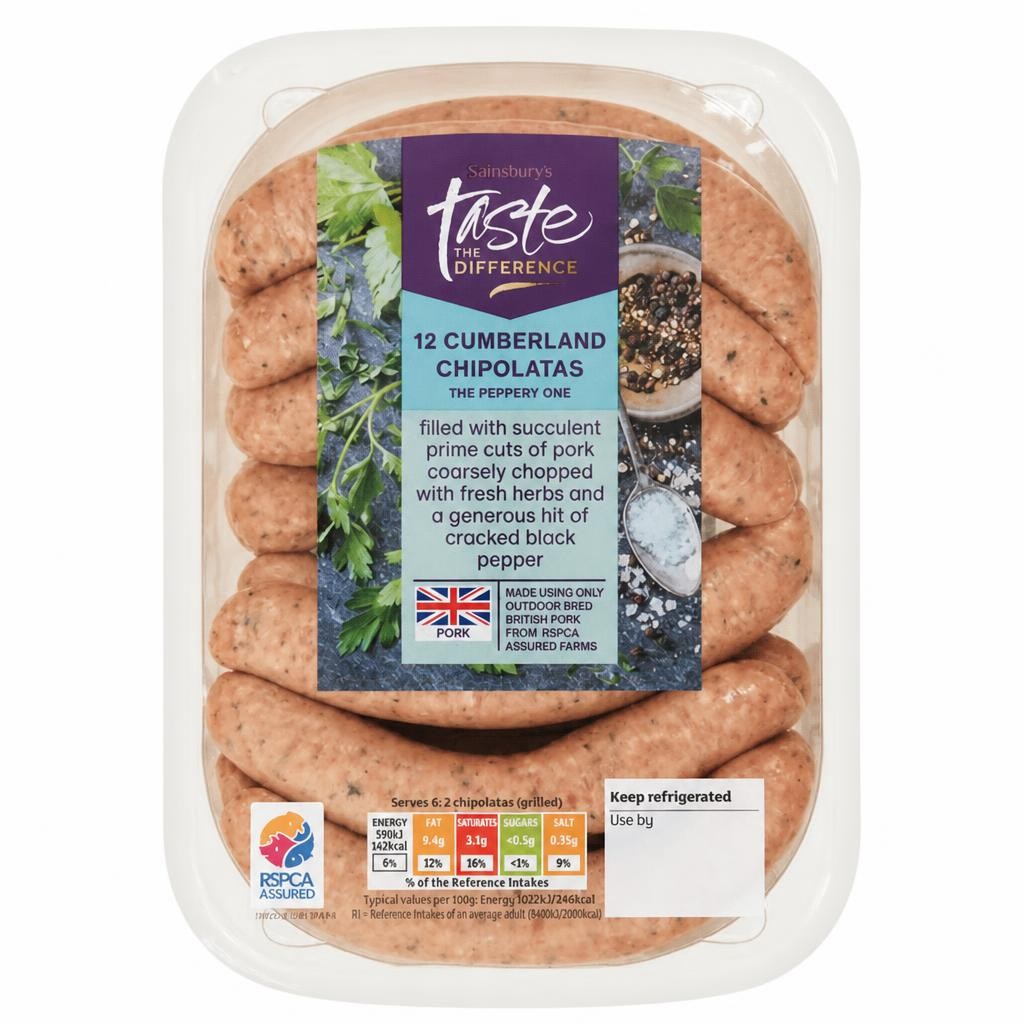 Sainsbury's Cumberland British Pork Chipolata sausages, Taste the Difference x12 375g