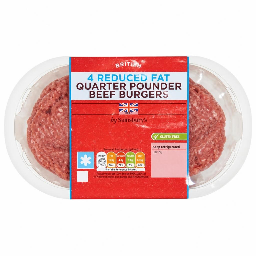 Sainsbury's 4 Reduced Fat Quarter Pounder Beef Burgers 454g