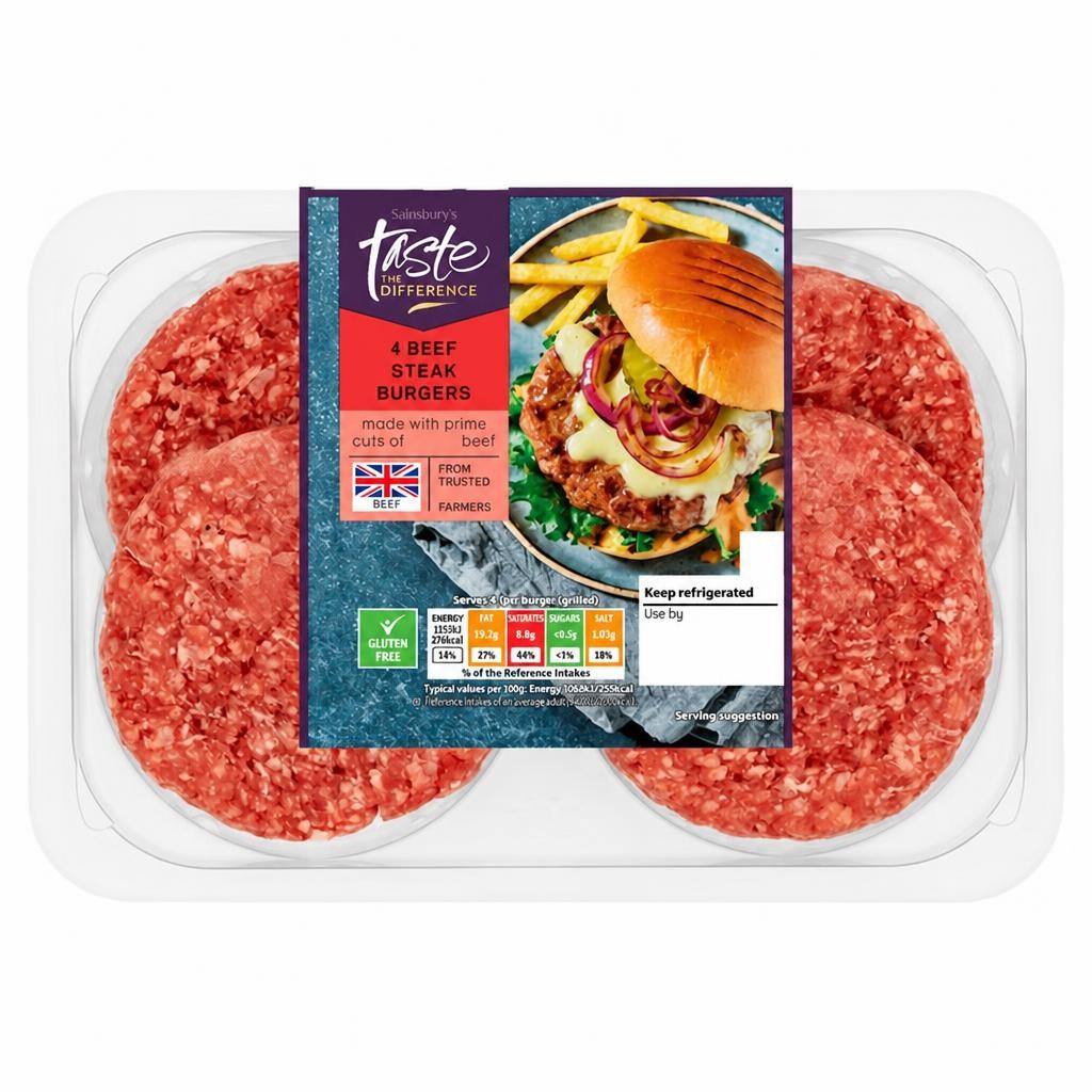 Sainsbury's 4 British Beef Steak Burgers, Taste the Difference 680g