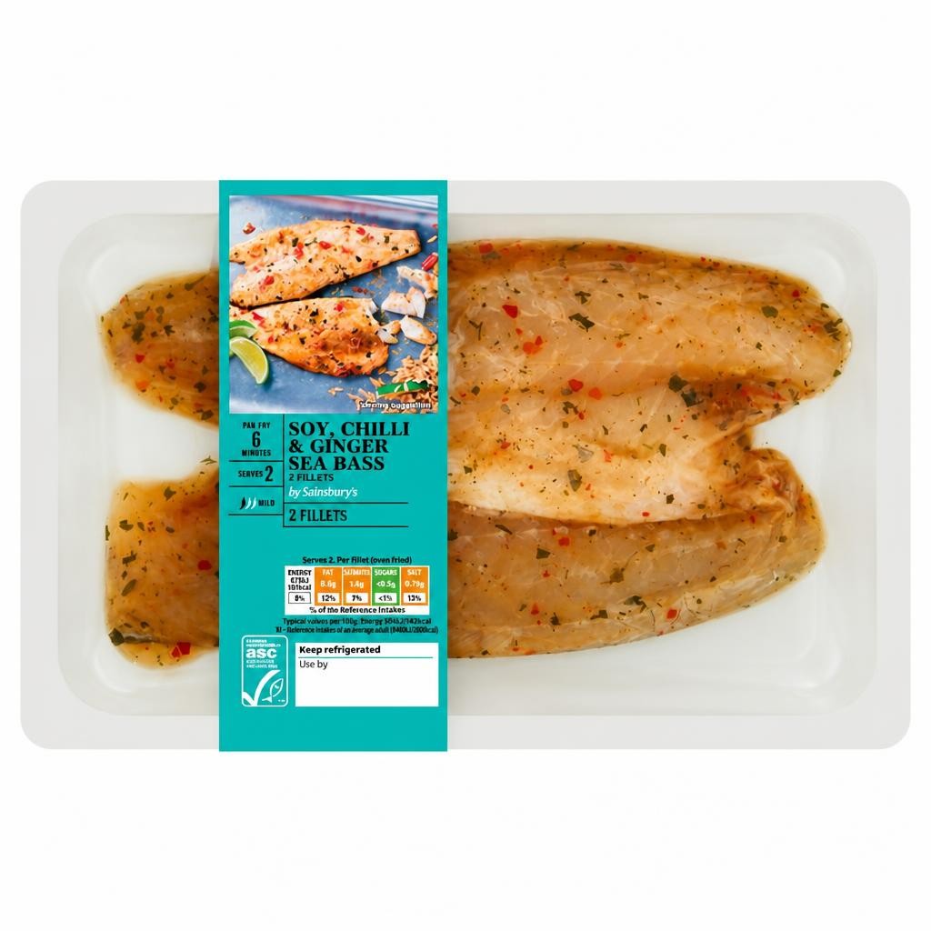 Sainsbury's Sea Bass Fillets ASC with Soy, Chilli and Ginger x2 205g