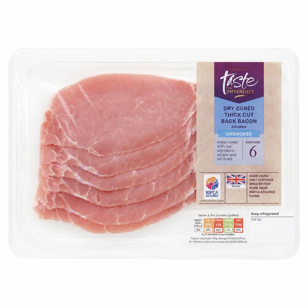 Sainsbury's Unsmoked Air Dried Thick Cut Back Bacon Rashers, Taste the Difference x6 300g