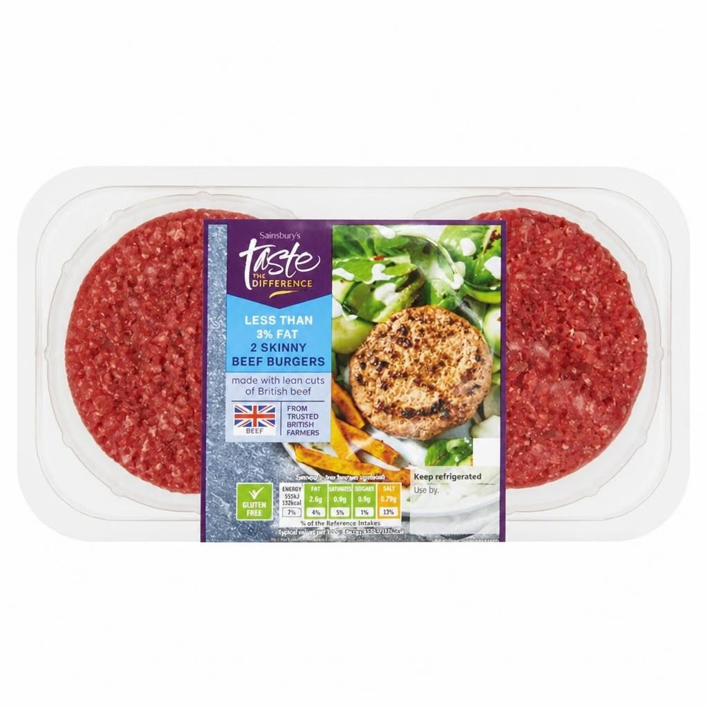 Sainsbury's 2 Skinny Beef Burgers, Taste the Difference 227g