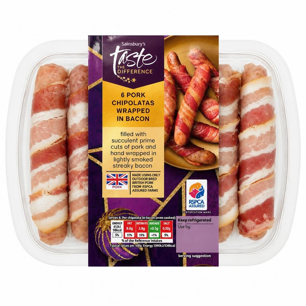 Sainsbury's Pork Chipolatas Wrapped in Bacon, Taste the Difference x6 260g