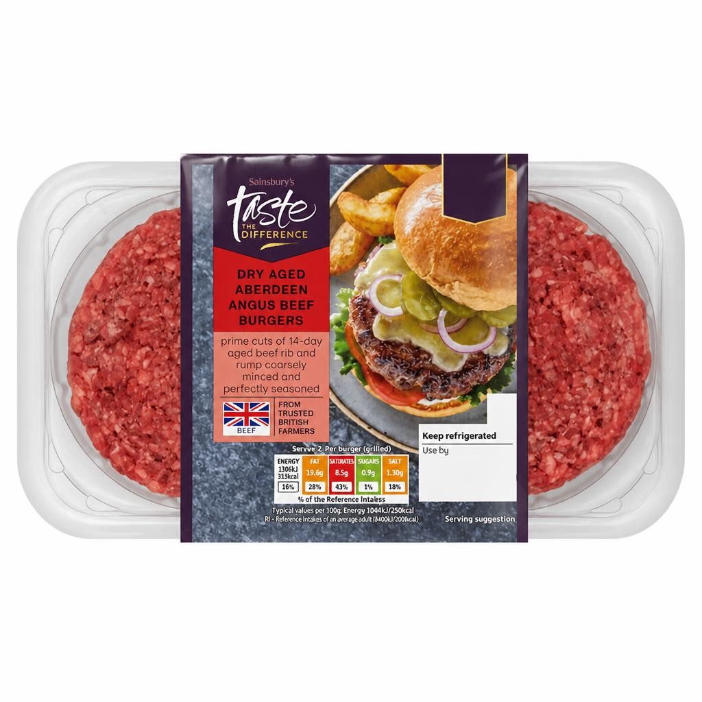 Sainsbury's 2 Dry Aged Aberdeen Angus Beef Burgers, Taste the Difference 340g
