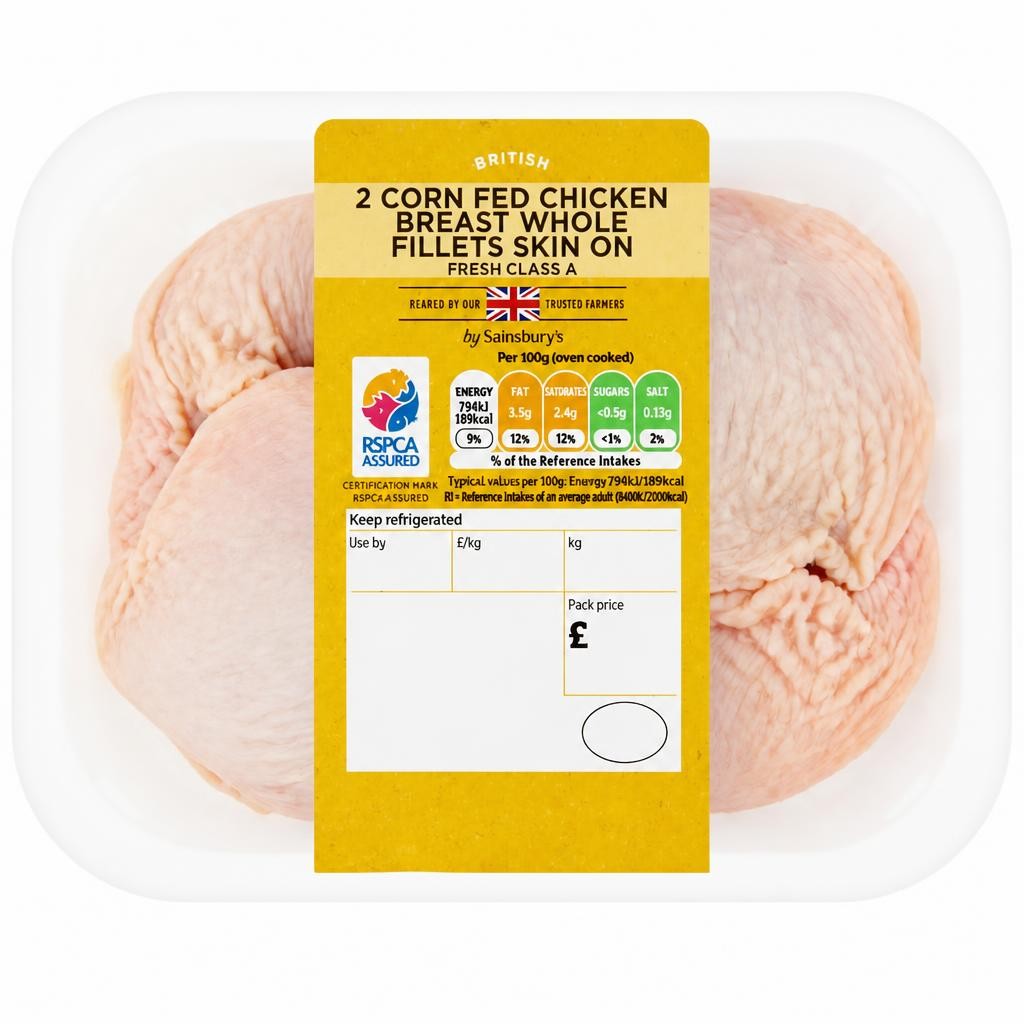 Sainsbury's (Approx. 370g) British Corn Fed Chicken Skin on Breast Fillets