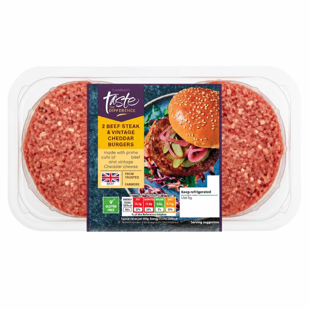 Sainsbury's 2 Beef Steak & Vintage Cheddar Burgers, Taste the Difference 340g