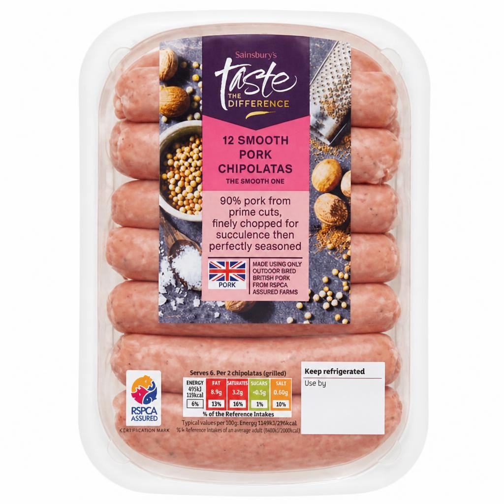 Sainsbury's Smooth Pork Chipolatas, Taste the Difference x12 375g