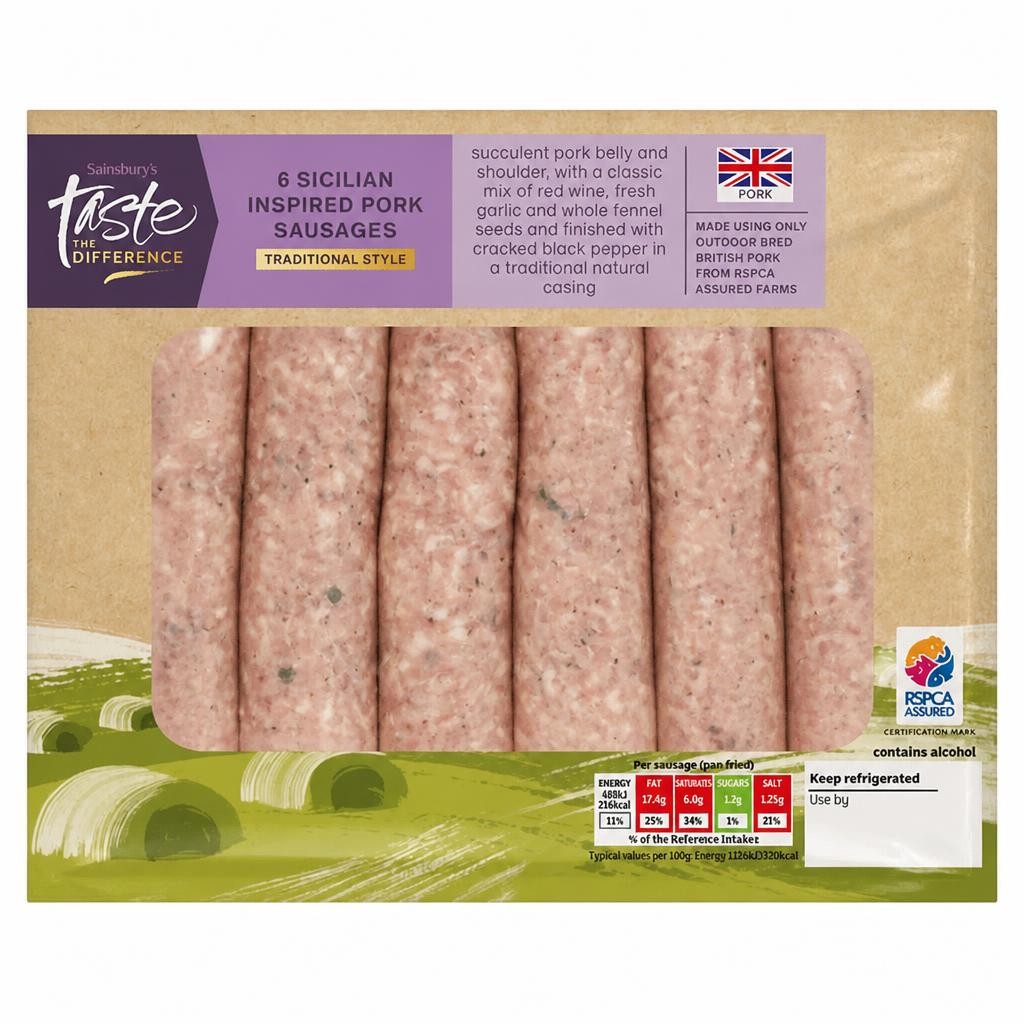 Sainsbury's Traditional Style Sicilian Inspired British Pork Sausages, Taste the Difference x6 454g