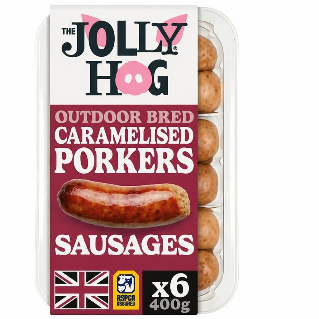 The Jolly Hog 6 x British Caramelised Porker Sausages with Caramelised Red Onions 400g