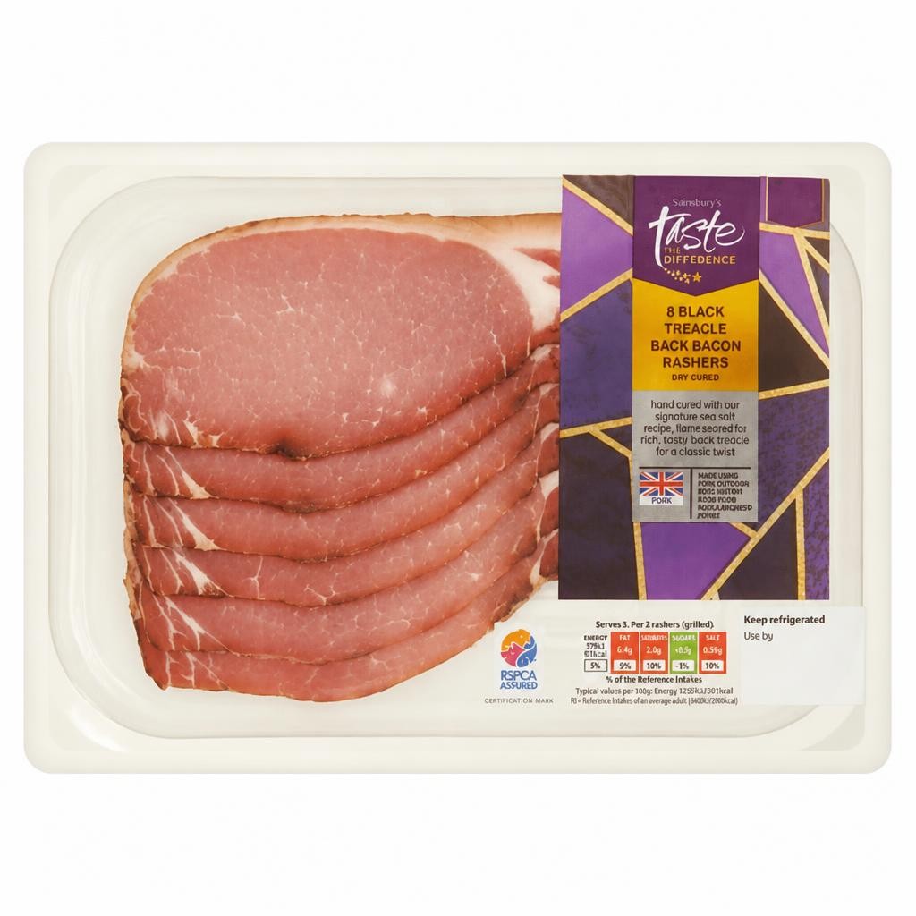 Sainsbury's Dry Cured Black Treacle Back Bacon Rashers, Taste the Difference x6 220g