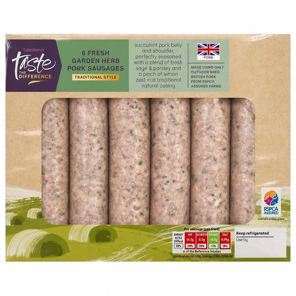Sainsbury's Traditional Style Fresh Garden Herb British Pork Sausages, Taste the Difference x6 454g