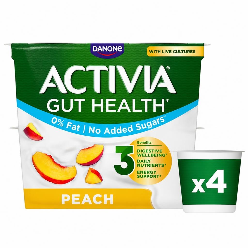 Activia Peach Fat Free No Added Sugar Gut Health Fruit Yoghurt Multipack 4 x 115g