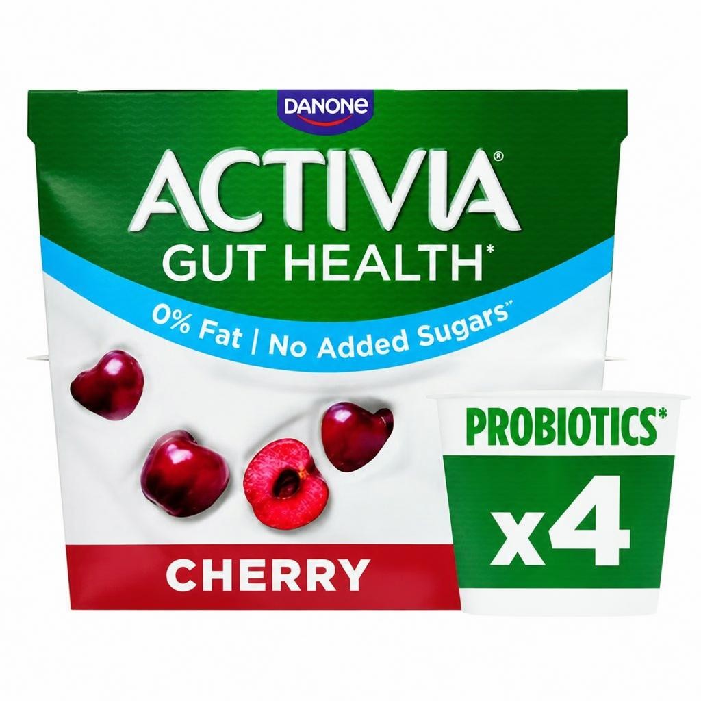 Activia Cherry Fat Free No Added Sugar Gut Health Fruit Yoghurt Multipack 4 x 115g