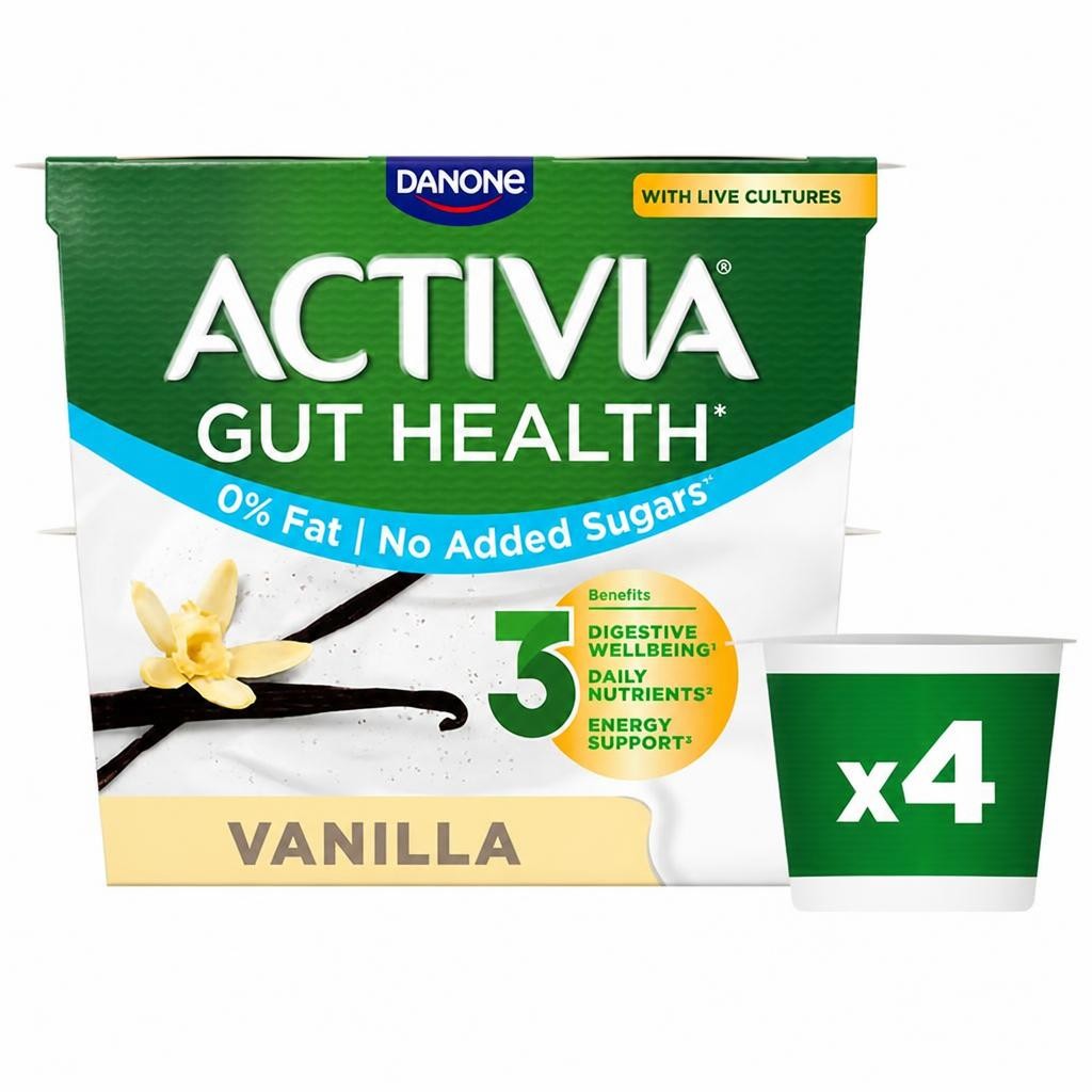 Activia Vanilla Fat Free No Added Sugar Gut Health Fruit Yoghurt Multipack 4x115g