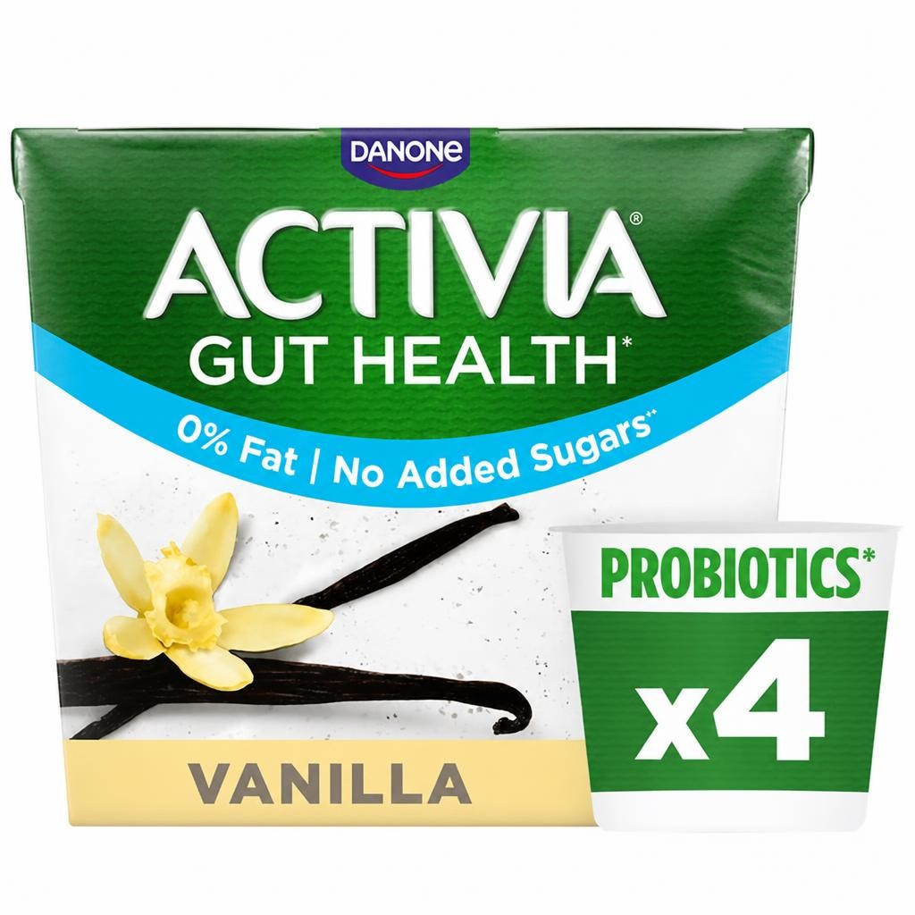 Activia Vanilla Fat Free No Added Sugar Gut Health Fruit Yoghurt Multipack 4x115g