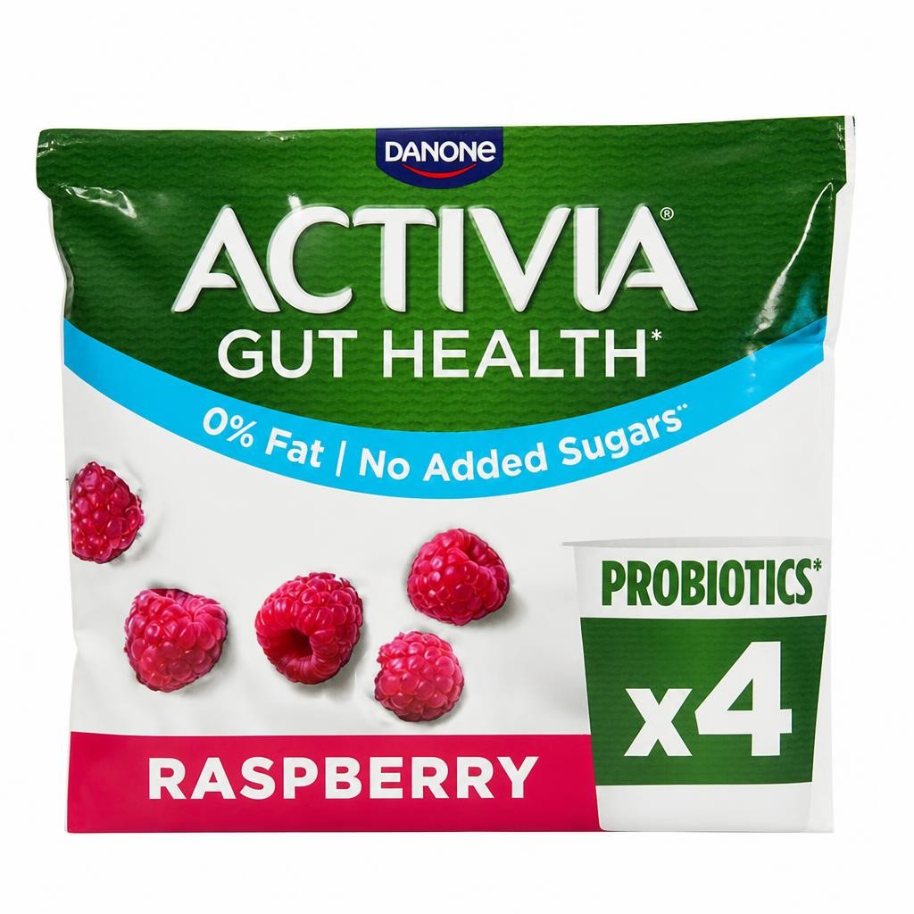 Activia Raspberry Fat Free No Added Sugar Gut Health Fruit Yoghurt Multipack 4 x 115g