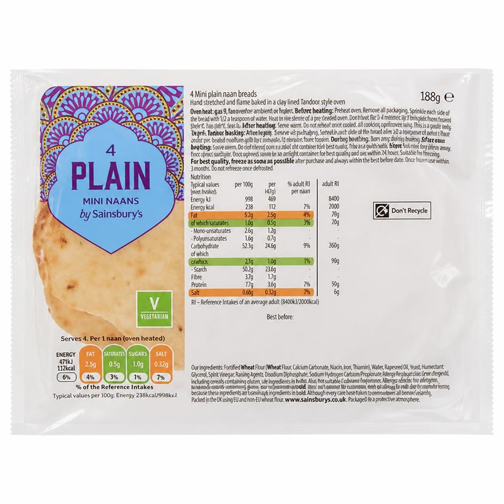 Sainsbury's Mini Plain Naan x4 188g