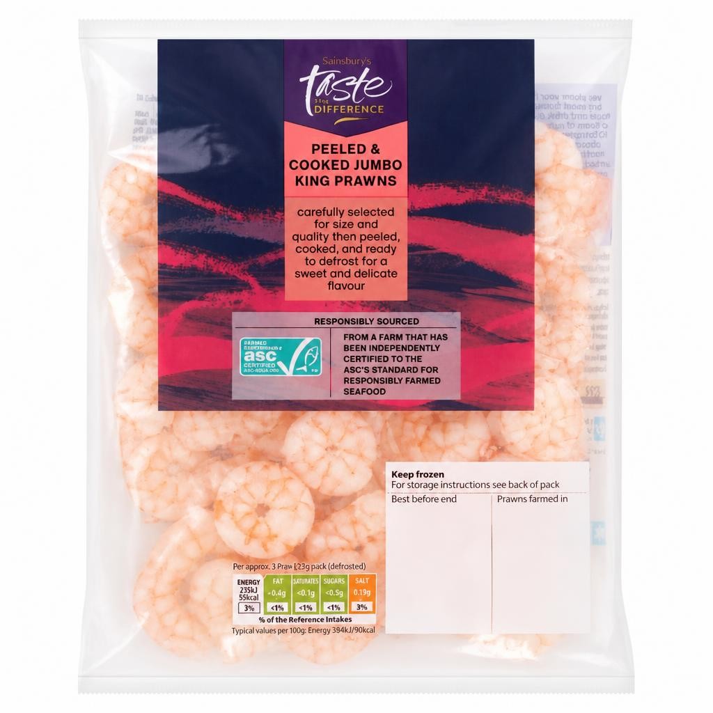 Sainsbury's Frozen Cooked & Peeled Jumbo King Prawns ASC, Taste the Difference 225g