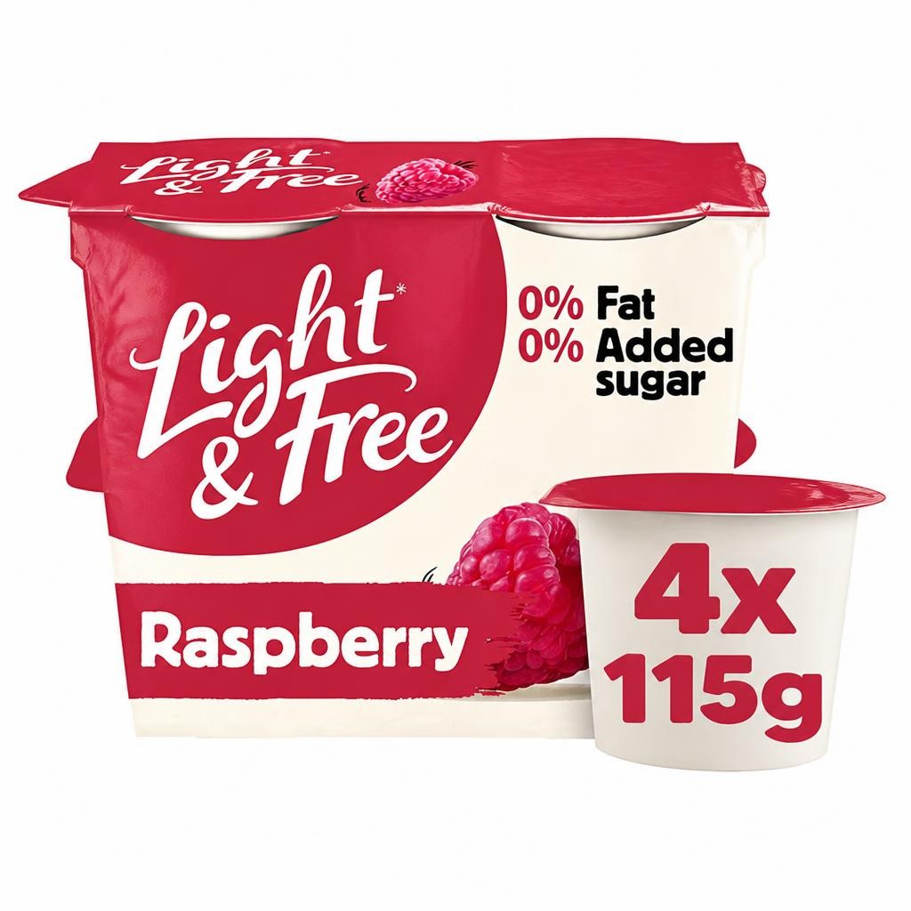 Light & Free Rasberry Greek Style 0% Added Sugar, Fat Free Yogurt 4x115g