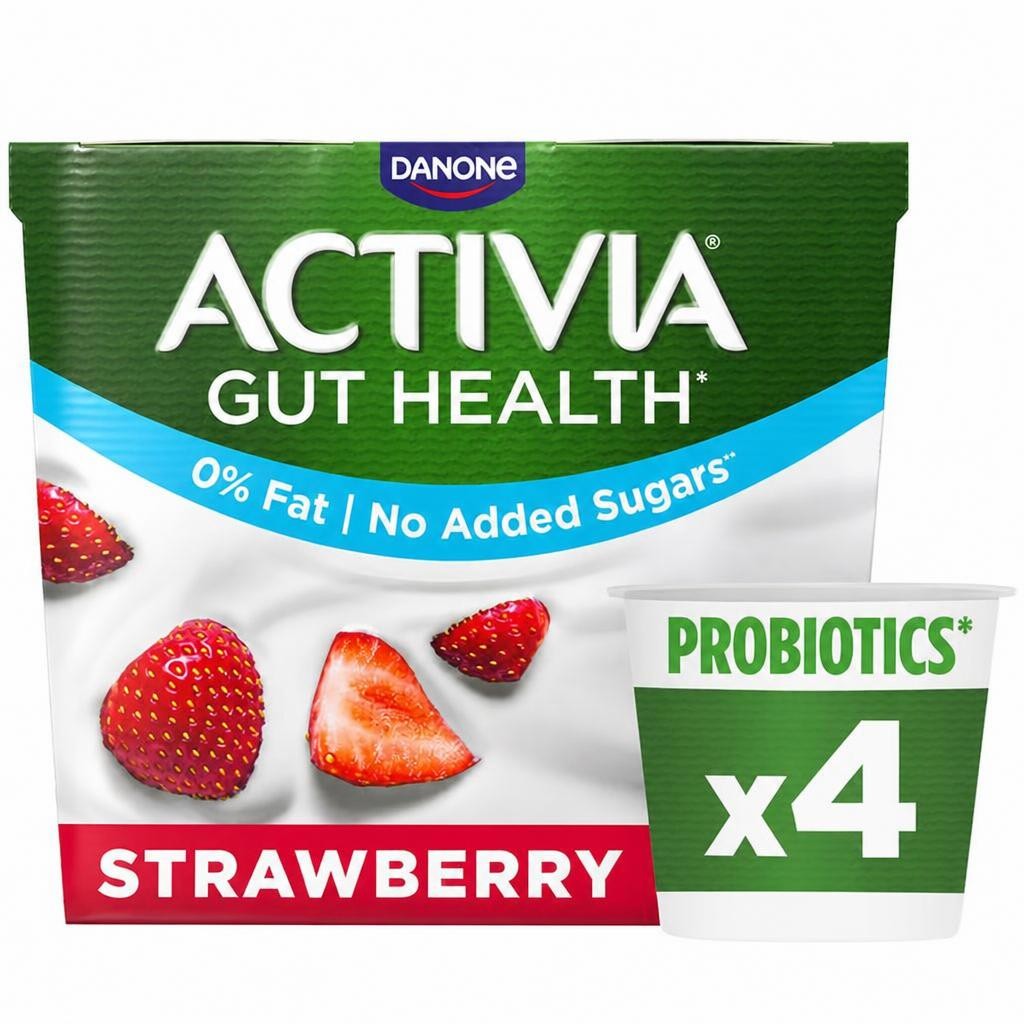 Activia Strawberry Fat Free No Added Sugar Gut Health Fruit Yoghurt Multipack 4 x 115g