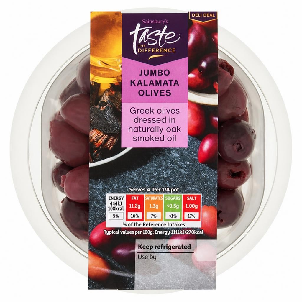 Sainsbury's Jumbo Kalamata Olives with Oak Smoked Oil, Taste the Difference 160g