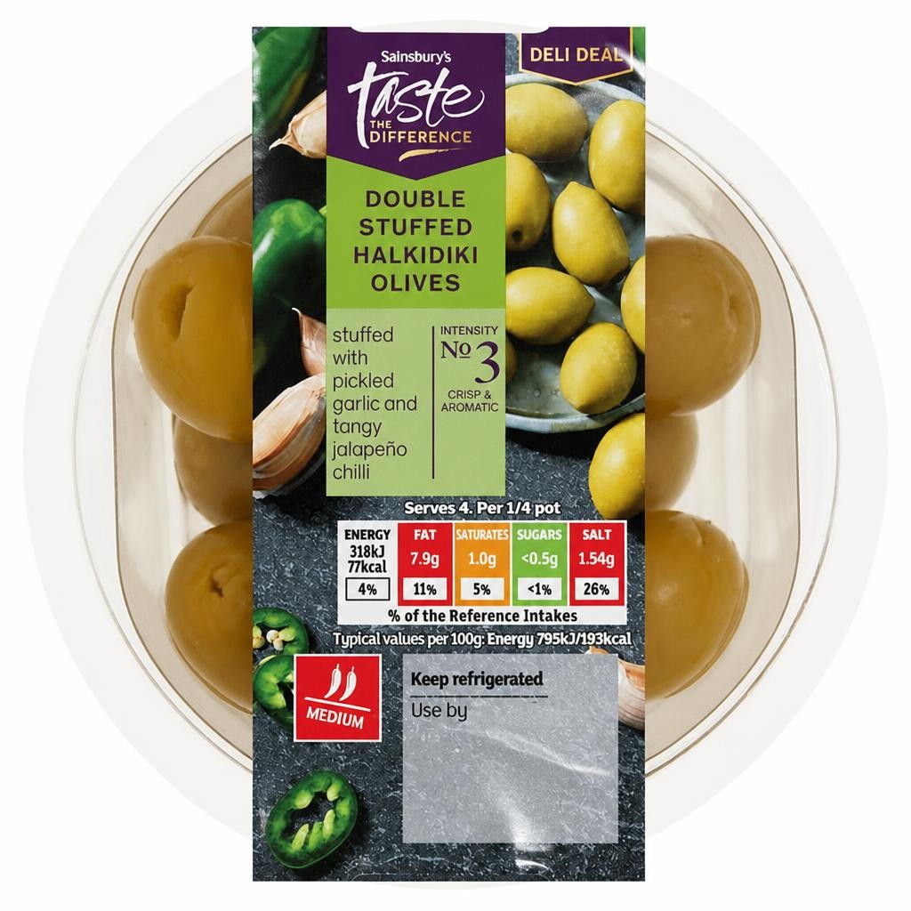 Sainsbury's Double Stuffed Halkidiki Olives with Jalapeño & Garlic, Taste the Difference 160g