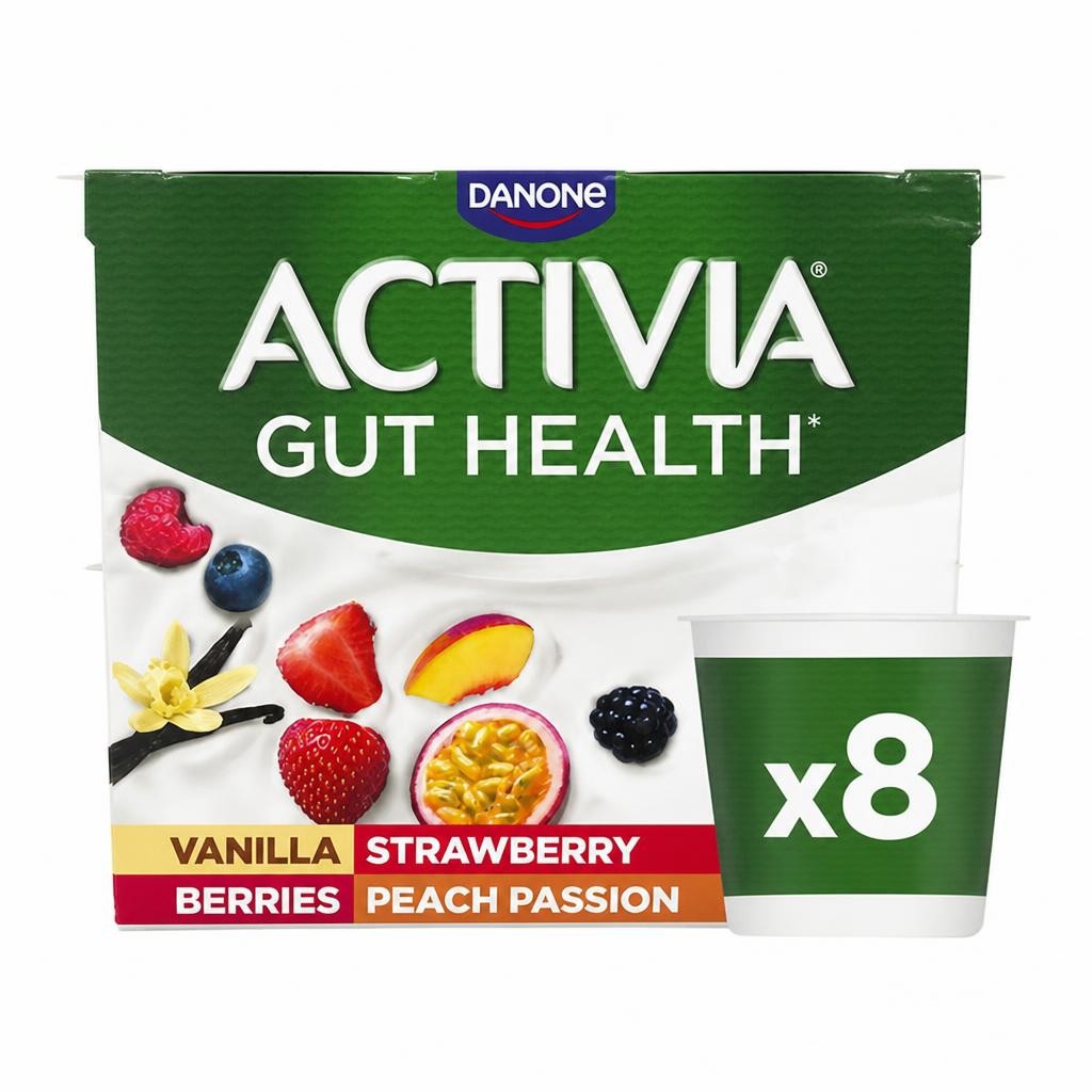 Activia 8 x 115g Vanilla, Peach Passion & Berries Multipack Gut Health Yoghurt