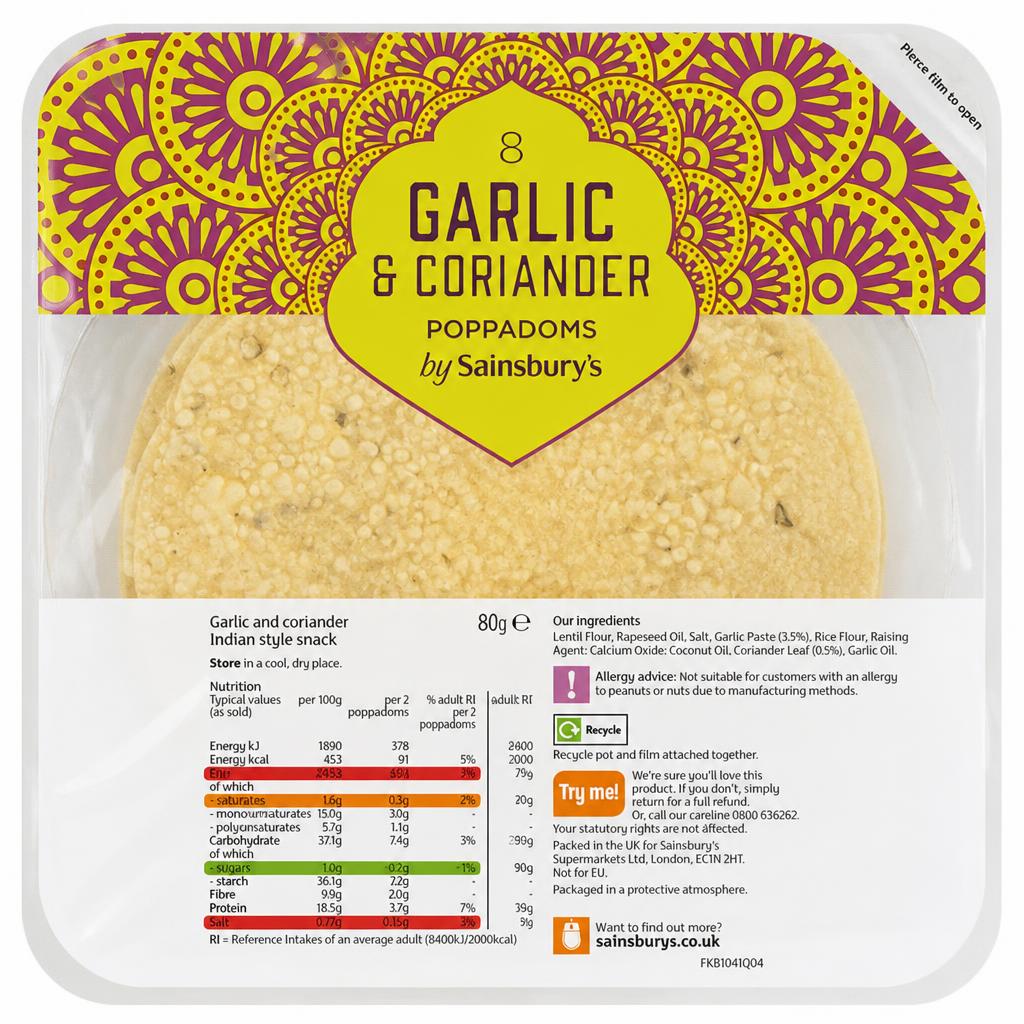 Sainsbury's Garlic & Coriander Poppadoms 80g