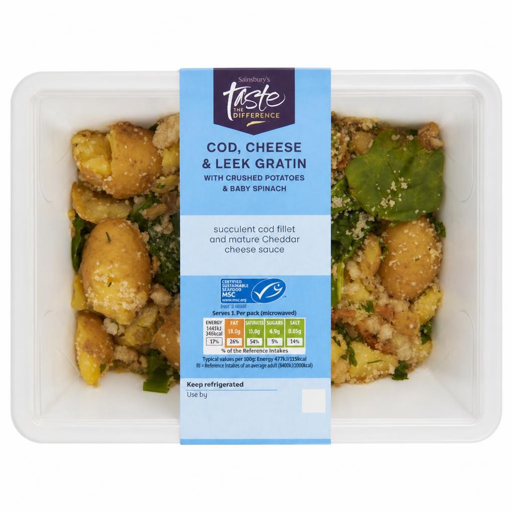 Sainsbury's Cod, Cheese & Leek Gratin with Crushed Potatoes & Baby Spinach, Taste the Difference 385g